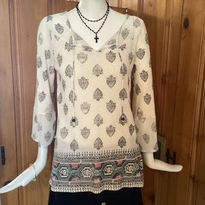 EUC Lucky Brand 3/4 Length Sleeve Boho Style Blouse